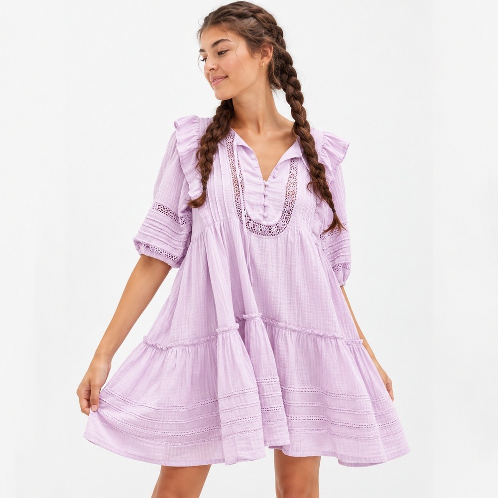 American Eagle Lavender Lace Trim Babydoll Mini Dress Purple Large Pockets